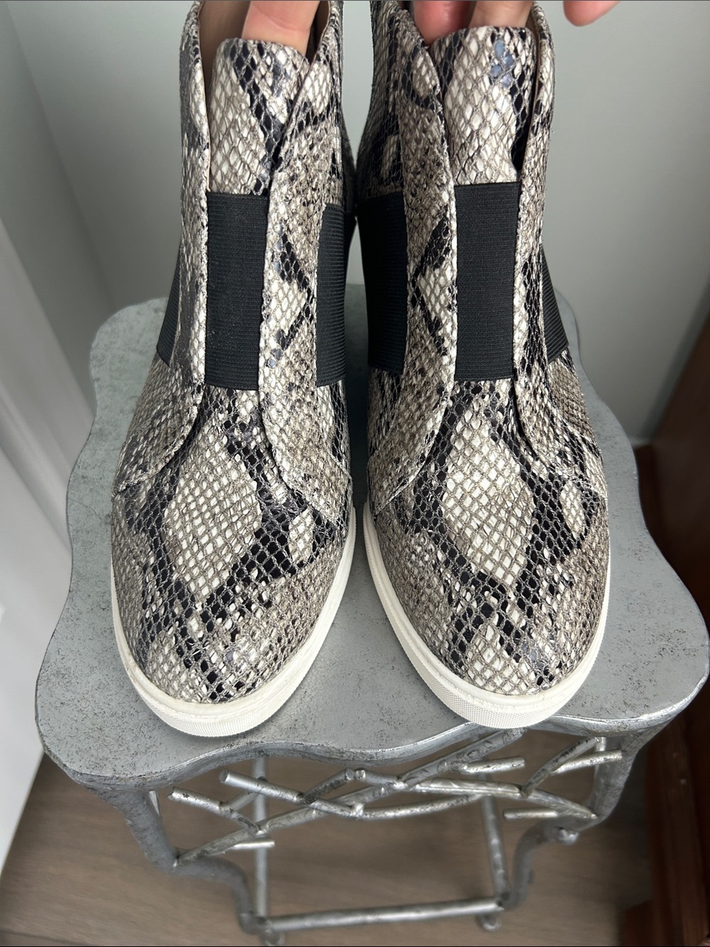 Snake-Print Slip-On Chelsea Booties in Beige and Black